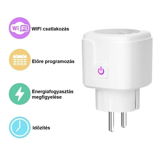 Telefonról vezérelhető, időzíthető, programozható, wifis okoskonnektor, fogyasztásmérő, 16 A